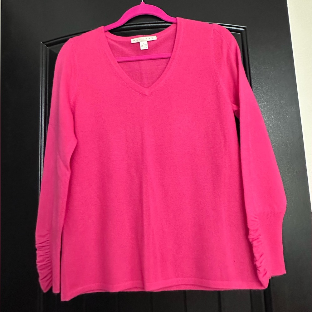 BELFORD Bright Pink Long Sleeve V-Neck Top Sweater 💯Cashmere